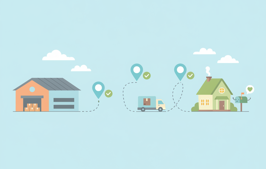 Package journey map with tracking checkpoints from warehouse to house