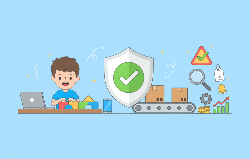 Seller building a product title from stacked blocks with a shield and checkmarks nearby