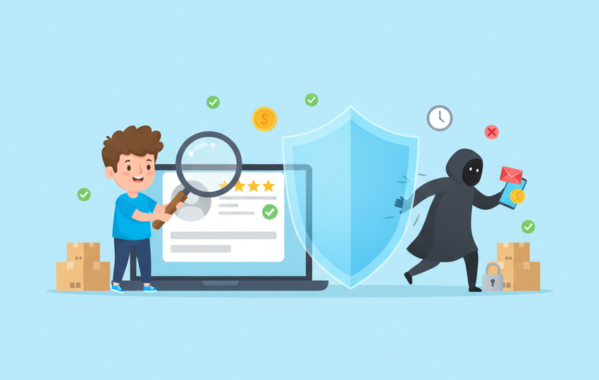 Cartoon buyer inspecting a listing with a magnifying glass while a shield blocks a suspicious offer