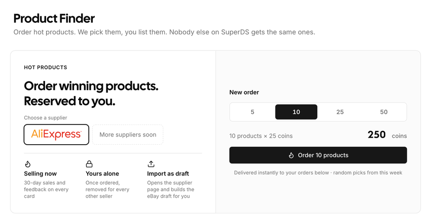 The Product Finder order panel: choose a supplier, pick 5 to 50 products, pay with coins