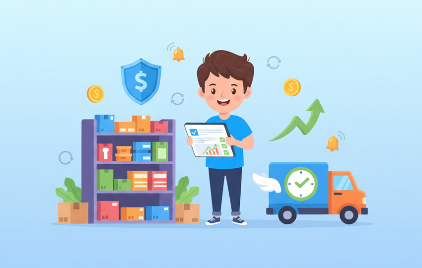 Cartoon character holding a tablet showing a monitoring dashboard with inventory shelves and delivery truck representing automated stock monitoring and order tracking