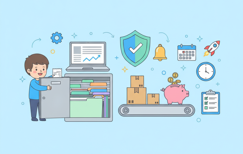 Seller organizing packages, receipts and a synced dashboard into a tidy filing system