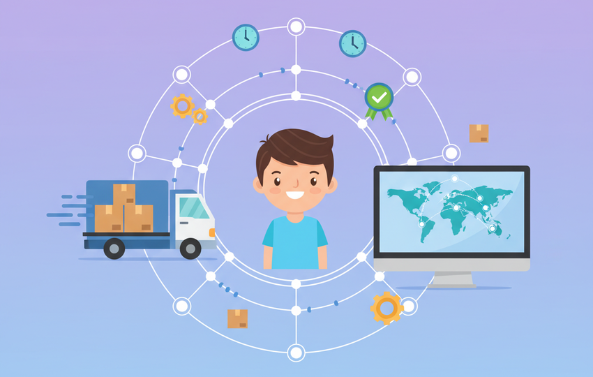 Cartoon character surrounded by delivery truck, computer showing world map, and connected shipping network nodes