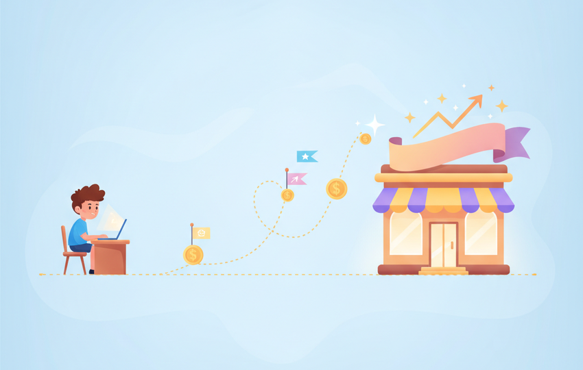 Path from small laptop business growing toward a big brand store