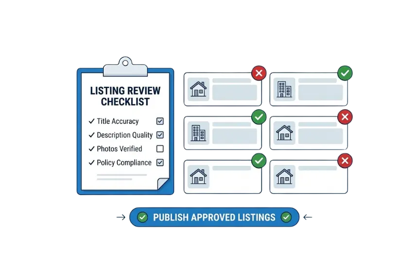 Flat vector illustration of an editorial review board style. A checklist clipboard sits next to six listing cards marked with green checkmarks and red X icons. A blue 