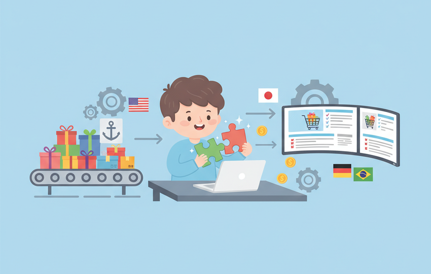 Cartoon boy at a desk with a laptop connecting puzzle pieces, with a conveyor belt of packages and international flags