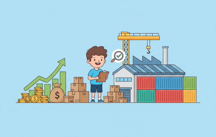 Cartoon character sourcing products from a large factory warehouse with shipping containers