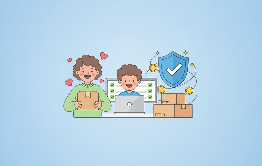 Happy buyer receiving package while seller sees green checkmarks on dashboard