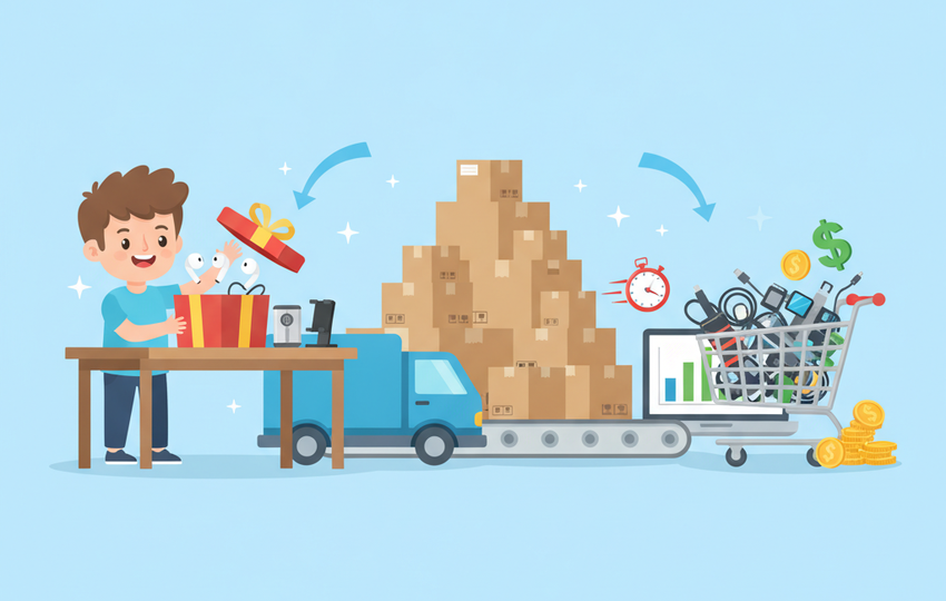 Seller packing gift boxes and electronics accessories during a holiday sales rush