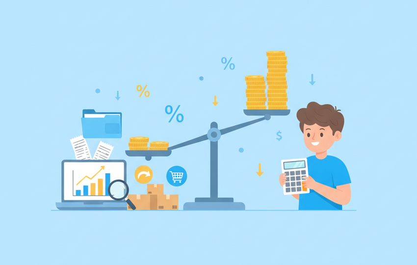 Seller matching a tall stack of coins against a small stack with a calculator and papers