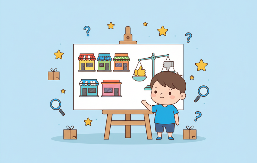 Cartoon boy pointing at a comparison board with storefronts and a balance scale