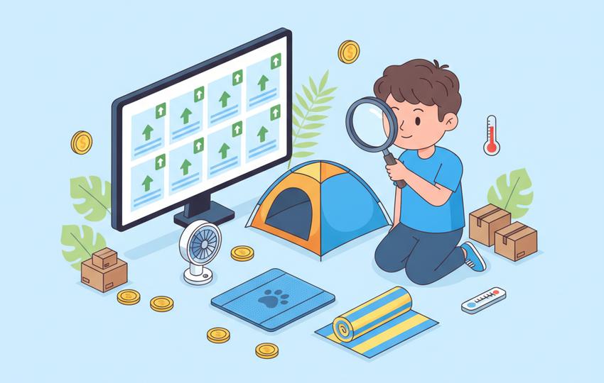 Cartoon character researching trending summer products on a computer screen with magnifying glass and summer items