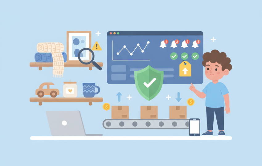 Seller monitoring handmade items and price alerts on a dashboard with a shield and checkmarks