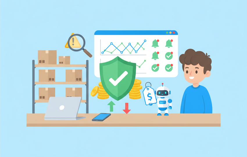 Seller monitoring supplier price and stock alerts on a dashboard with a shield and checkmarks