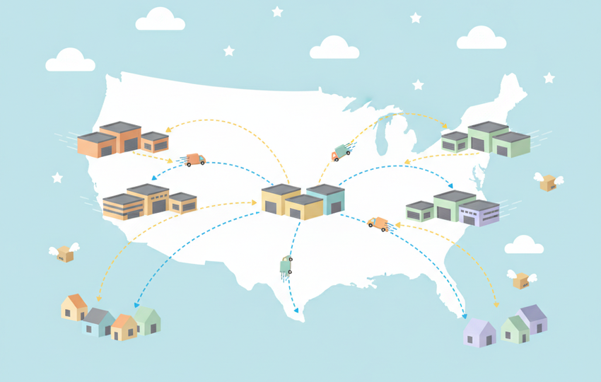 US map with warehouses shipping packages fast across states