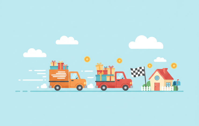 Two delivery trucks racing with packages on a road