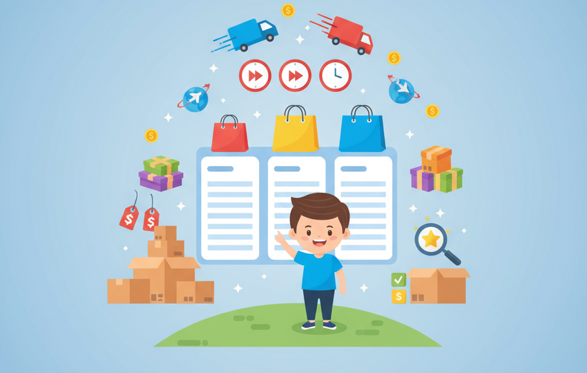 Comparison of dropshipping suppliers showing delivery speed, product catalog size, and pricing factors