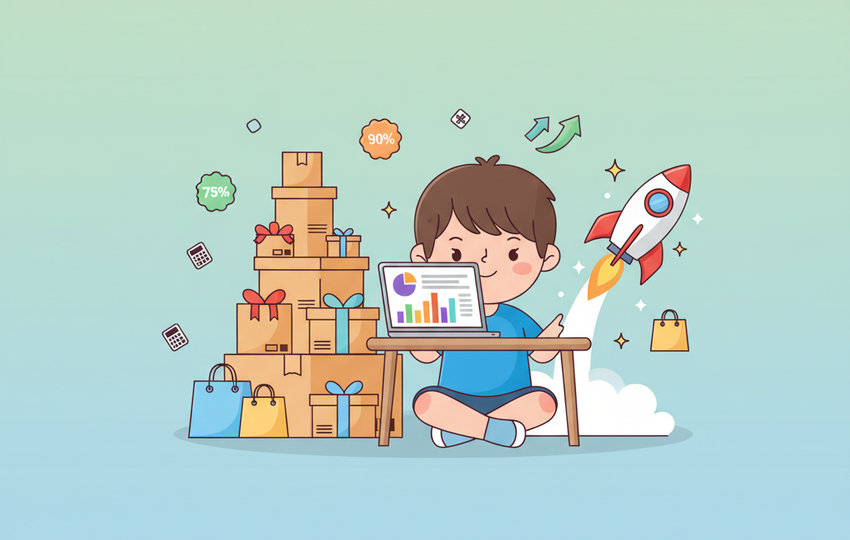 Cartoon character at laptop with shipping boxes and rocket representing dropshipping profit growth
