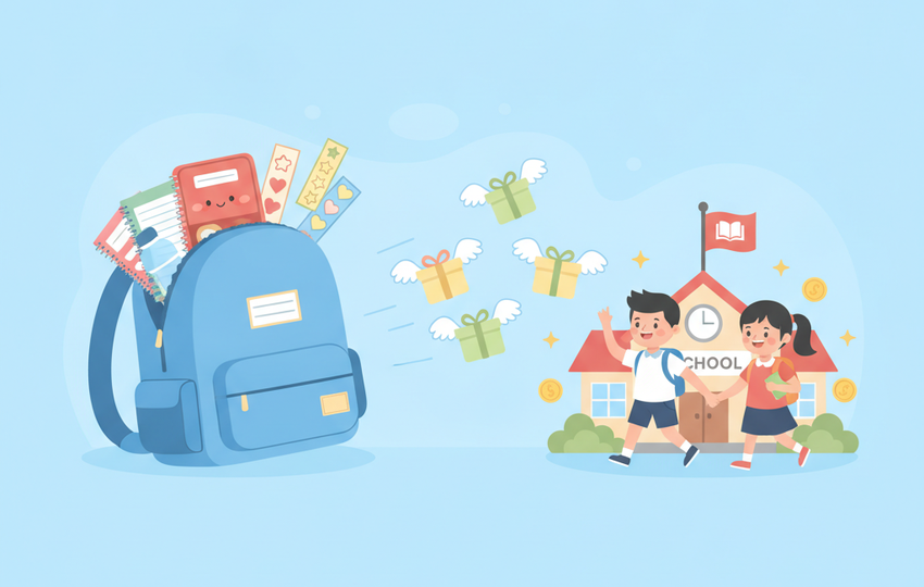 Backpack with school supplies and packages flying to students