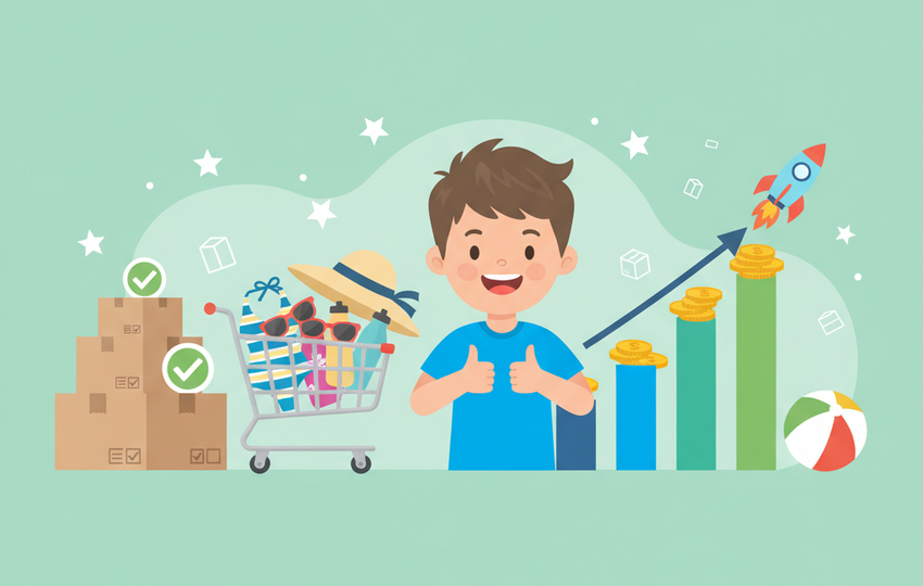 Cartoon character giving thumbs up next to shopping cart of summer products with rising profit chart and rocket