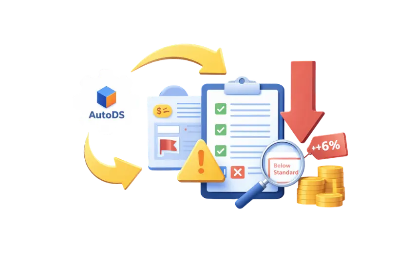 Vector illustration showing listing performance checklist, warning icon, and fee increase symbol representing Seller Standards impact during AutoDS migration