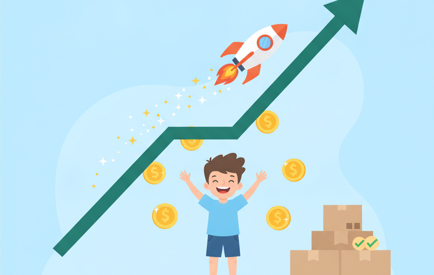 Rising sales chart with rocket and celebrating seller