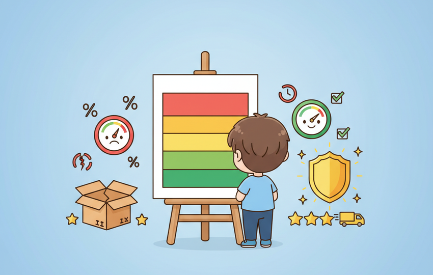 Cartoon illustration showing four colored tiers from red to gold representing eBay seller performance levels with gauges and badges