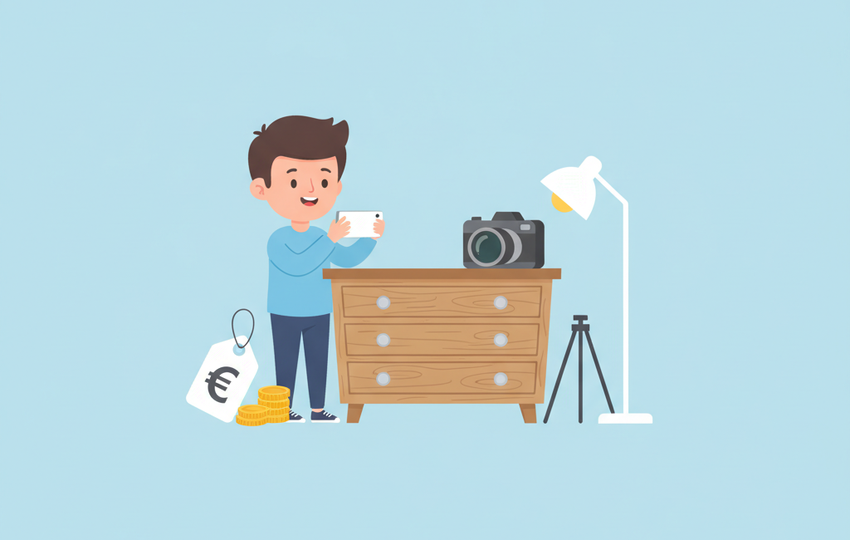Seller photographing a wooden dresser to list on Facebook Marketplace