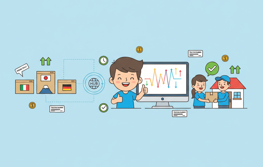 Illustration of automated order synchronization connecting supplier boxes to happy customer delivery