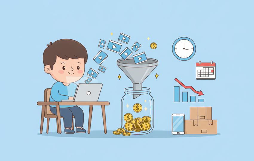 Seller at a desk watching a stream of video ad cards flow into a funnel that fills a jar of coins
