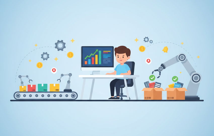 Illustration of automated dropshipping workflow with dashboard monitoring, conveyor belt sorting, and robotic fulfillment