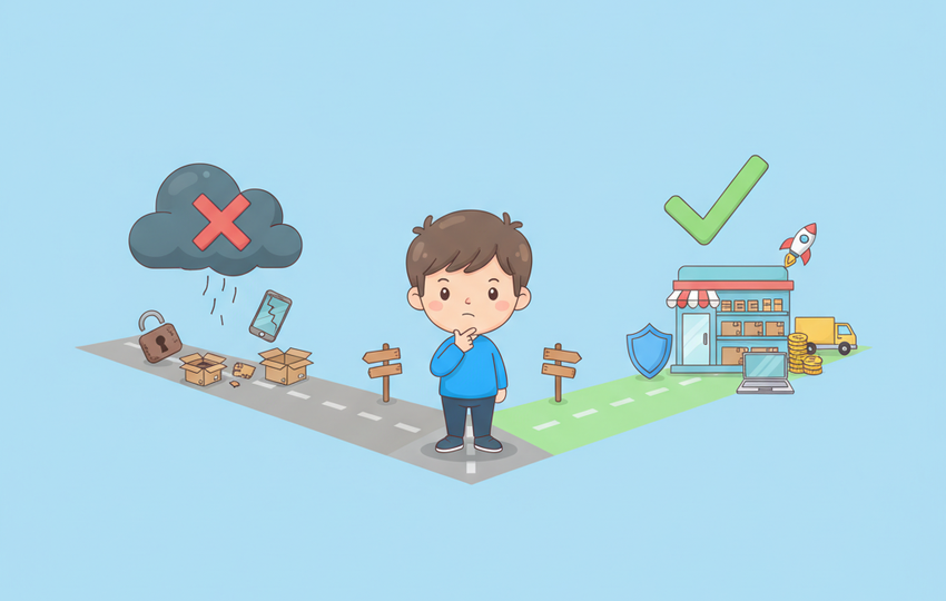 Seller choosing between a warning sign path and a green checkmark path with shipping boxes and shields around