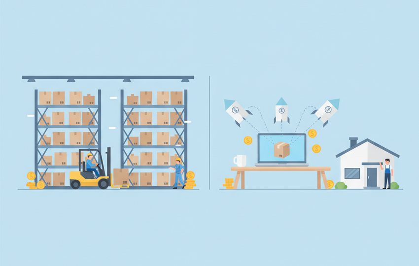 Warehouse with stacked inventory versus light laptop setup