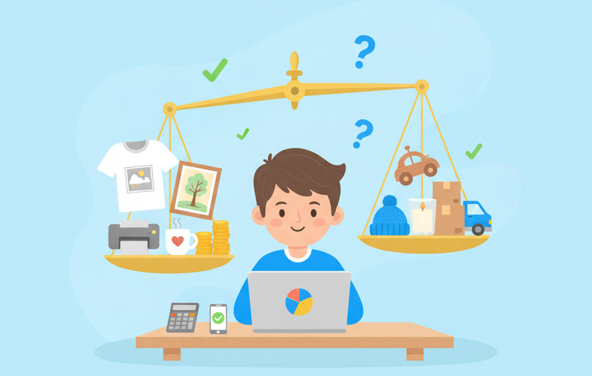 Seller studying a comparison of two marketplace models with packages and a scale