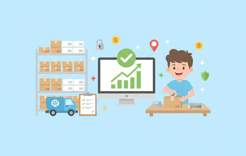 Cartoon seller packing a box next to a laptop showing a rising sales chart and a green checkmark