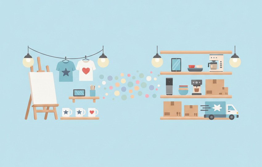 Design studio with t-shirts on one side and product packages on the other