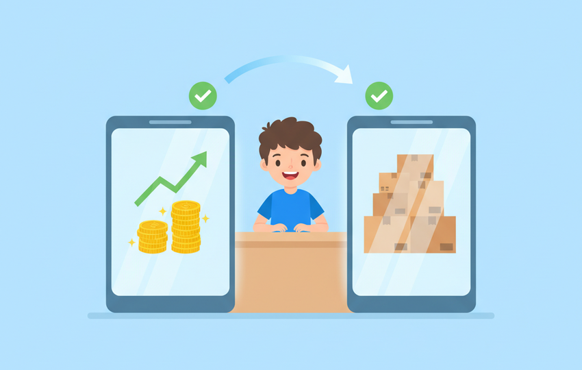Cartoon character at a desk syncing inventory across two store screens with checkmarks