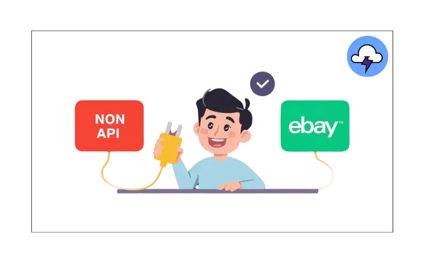 seller at a desk holding a glowing plug, choosing between a red API warning box and a green browser checkmark icon to connect to eBay on his monitor