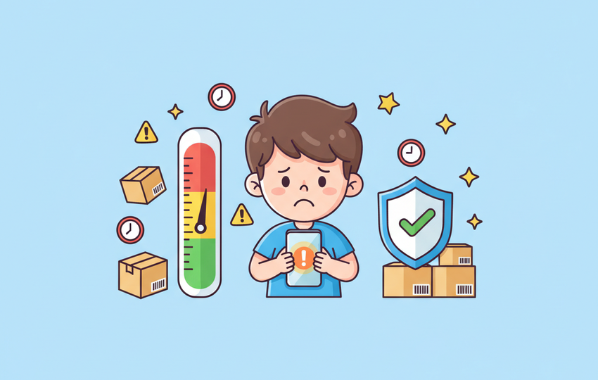 Illustration of seller performance meter showing warning levels for shipping defects