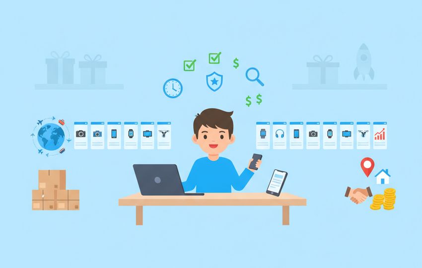 Cartoon seller managing listings across two sales channels