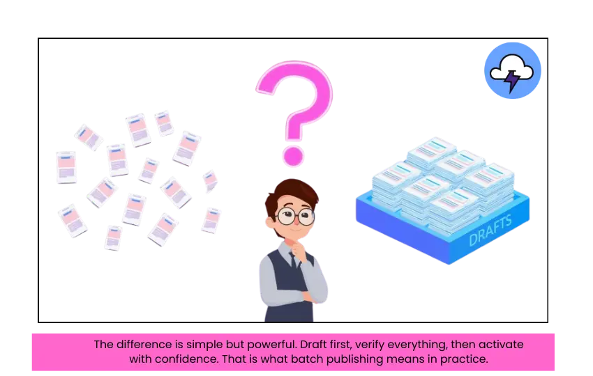 Cartoon eBay seller thinking with a glowing question mark above his head, comparing scattered live listings on one side and neatly organized draft listings in a tray labeled drafts.