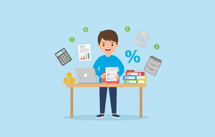 Dropshipping tax obligations and record keeping illustrated with calculator, documents, and financial icons