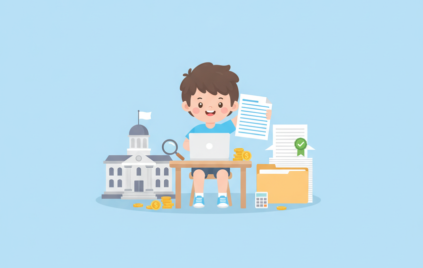 Cartoon boy at a desk with a laptop holding a blank tax form beside a government building and a folder of documents