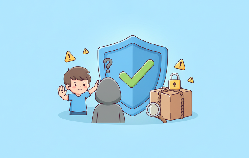Large cartoon shield badge with a checkmark, a boy gesturing stop toward a shadowy figure, and a parcel with a padlock