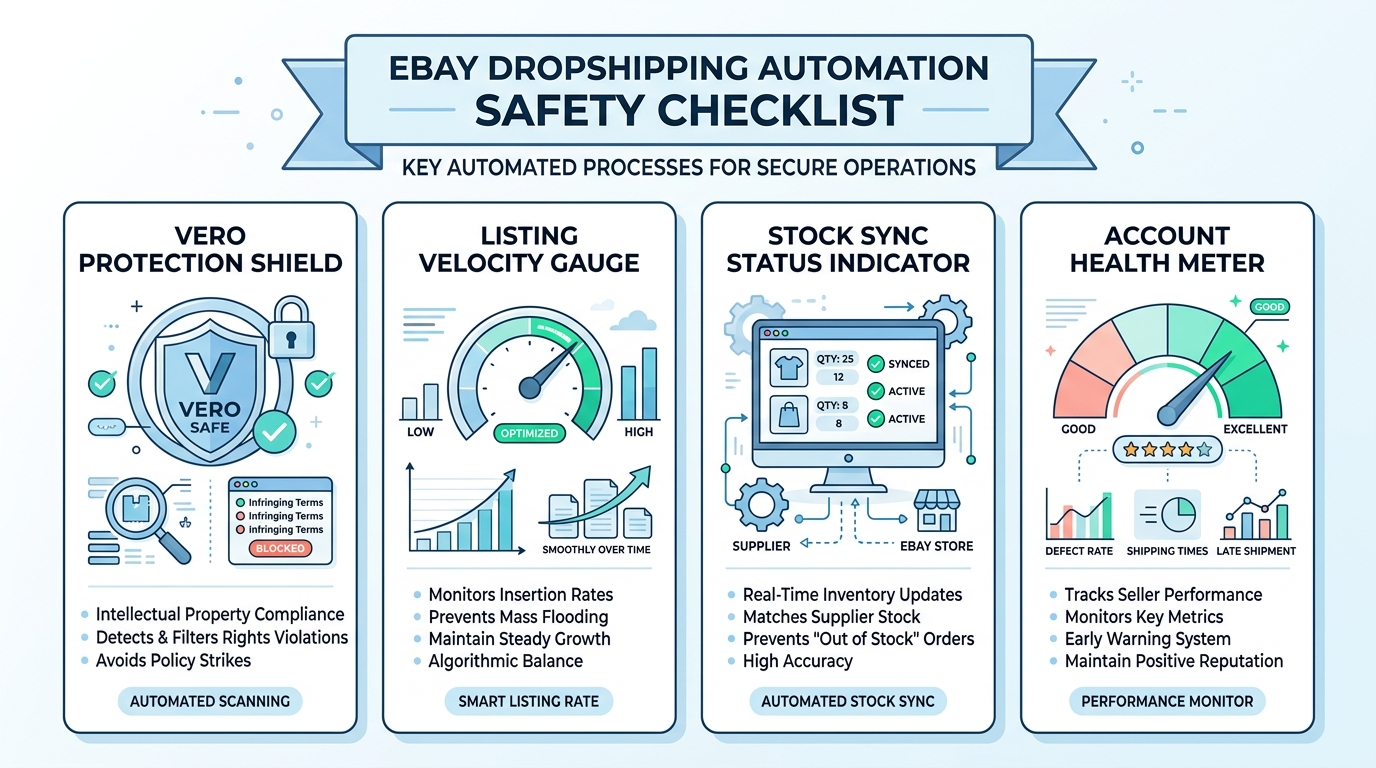 eBay dropshipping automation safety: VeRO protection shield, listing velocity gauge, and sync status indicators