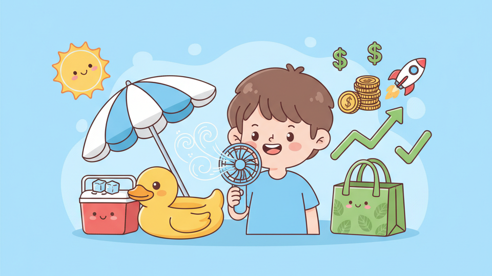 Cartoon seller holding portable fan with air swirls surrounded by pool float, umbrella, cooler, and tote