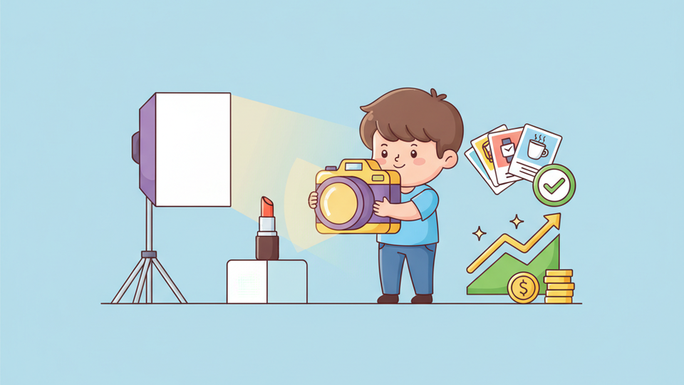 Cartoon seller photographing a product on a white pedestal with studio lights