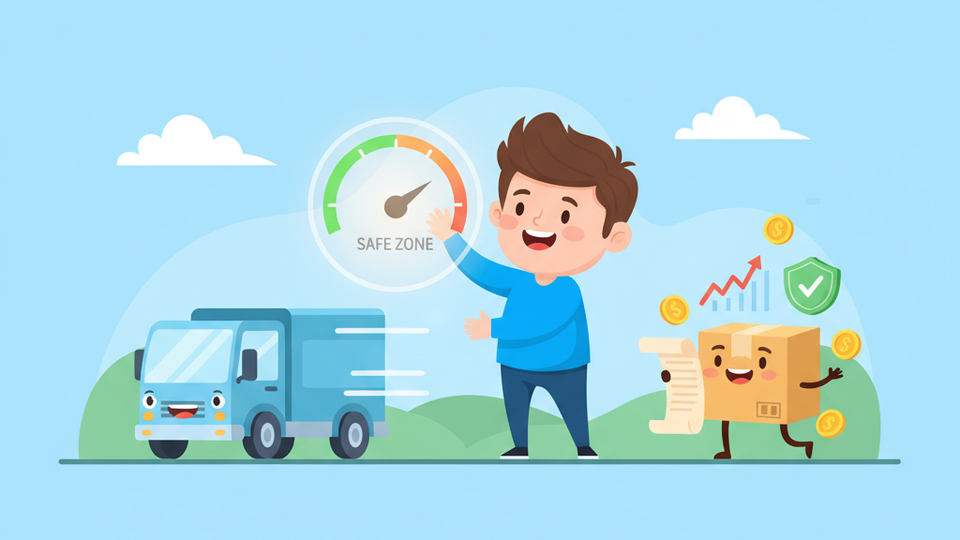 Cartoon seller holding speedometer dial in green zone with delivery truck and tracking package
