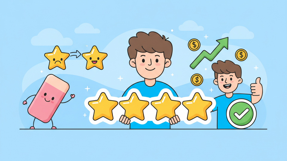 Cartoon seller holding a glowing 5-star badge with eraser fixing star and thumbs-up buyer