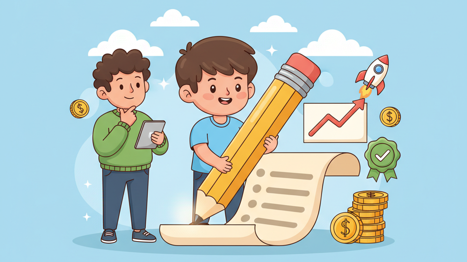 Cartoon seller writing on a description scroll with a happy shopper reading it